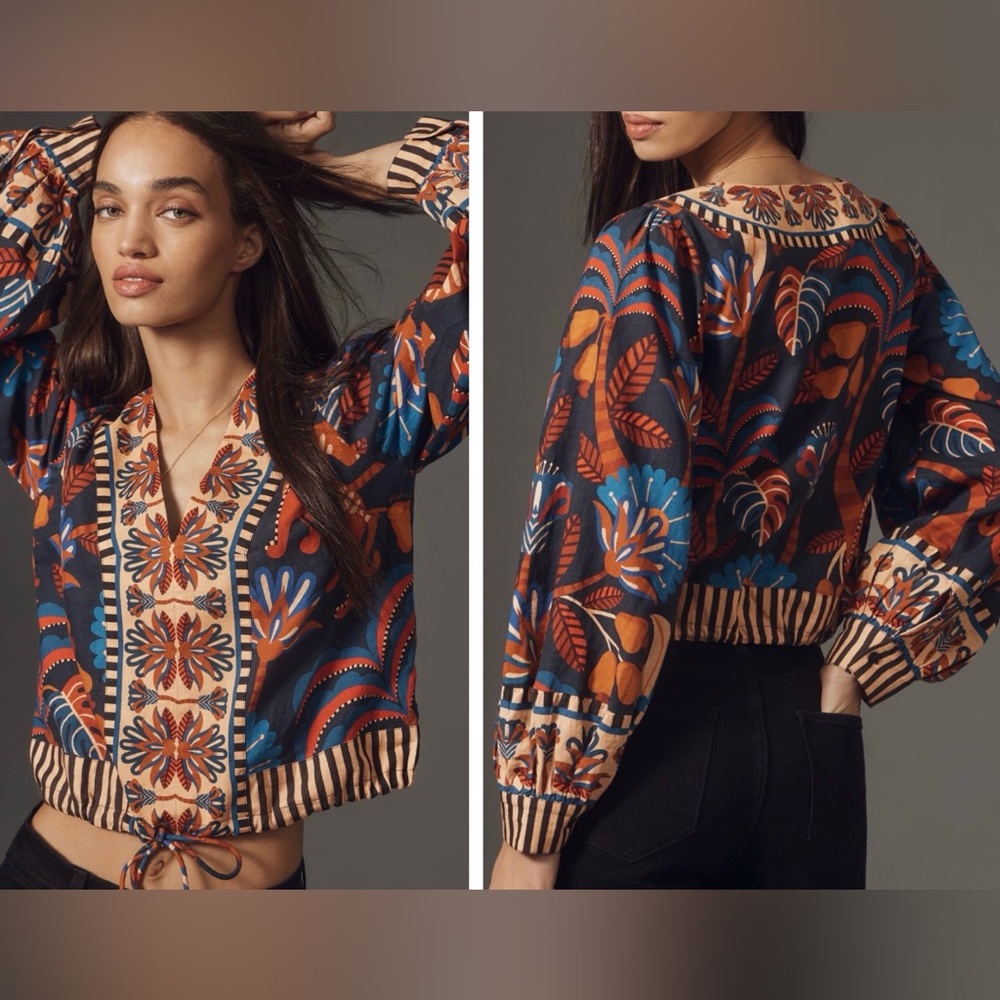 Farm Rio Puff-Sleeve V-Neck Oversized Blouse, Size XXS